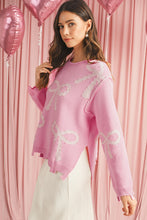 Pink Bow Pattern Pearl Embellished Raw Hem Sweater