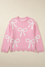 Pink Bow Pattern Pearl Embellished Raw Hem Sweater