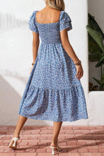 Beige Ditsy Floral Print Smocked Square Neck Ruffle Short Sleeve Dress
