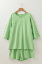 Meadow Mist Green Plus Size V Neck Drop Shoulder Tee Loose Shorts Set
