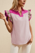 Mist Blue Colorblock Ruffled Sleeve Frill V Neck Blouse