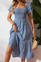 Beige Ditsy Floral Print Smocked Square Neck Ruffle Short Sleeve Dress