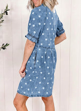 Sky Blue Polka Dot Print Ruffled Short Puff Sleeve Button Down Loose Denim Dress