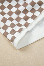 Khaki Checkered Print Polo Collar Long Sleeve Top Drawstring Mini Skirt Set