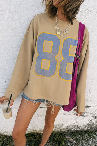 Khaki Drawstring Hem 88 Number Graphic Long Sleeve Top