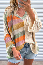 Pink Oversized Colorblock V Neck Hooded Sweater