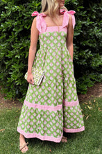 Green Floral Print Striped Detail Knot Straps Maxi Dress