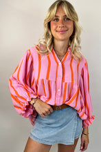 Orange Stripe Crinkle Ruffle Sleeve Loose Top