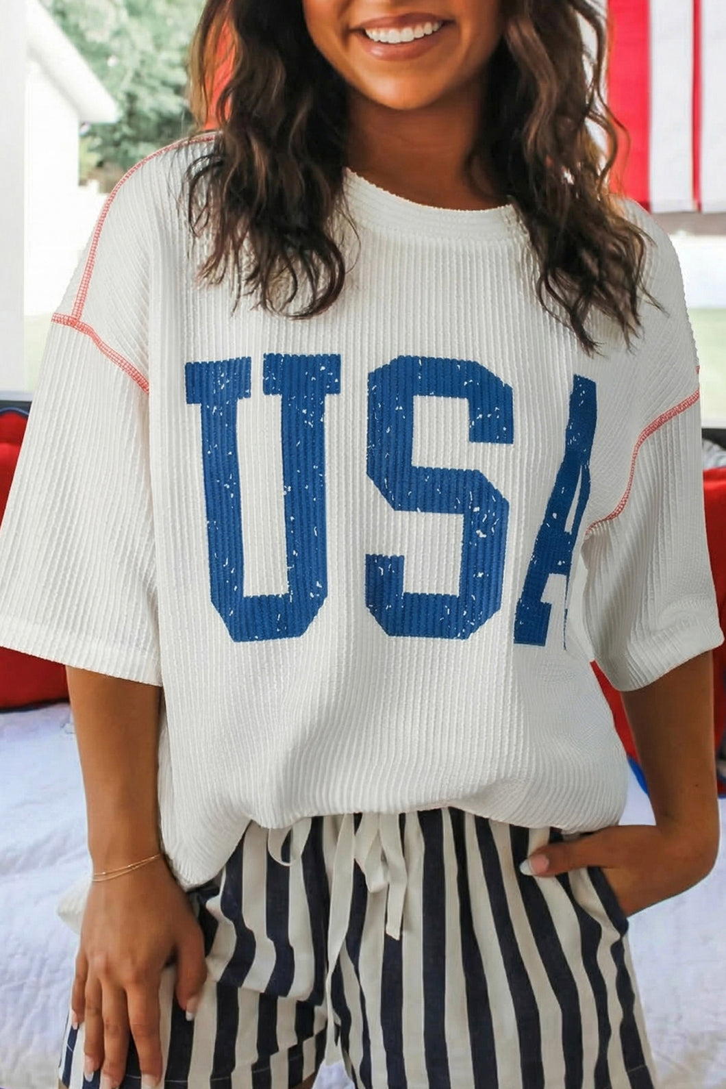Fiery Red USA Graphic Half Sleeve Loose Ribbed Top