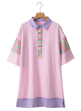 Pink Rainbow Stripe Henley Collar Patchwork Mini Dress