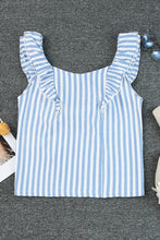 Blue Striped Tie Back Ruffle Trim Sleeveless Shirt