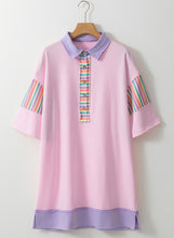 Pink Rainbow Stripe Henley Collar Patchwork Mini Dress