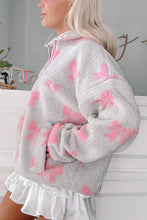 Gray Quarter Zip Bow Pattern Sherpa Baggy Sweatshirt
