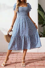 Beige Ditsy Floral Print Smocked Square Neck Ruffle Short Sleeve Dress