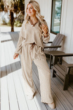 Khaki Stripe Textured Collared Pullover Top and Drawstring Pants Set