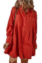 Tomato Red Bishop Sleeve Button-Up Pleated Mini Shirt Dress