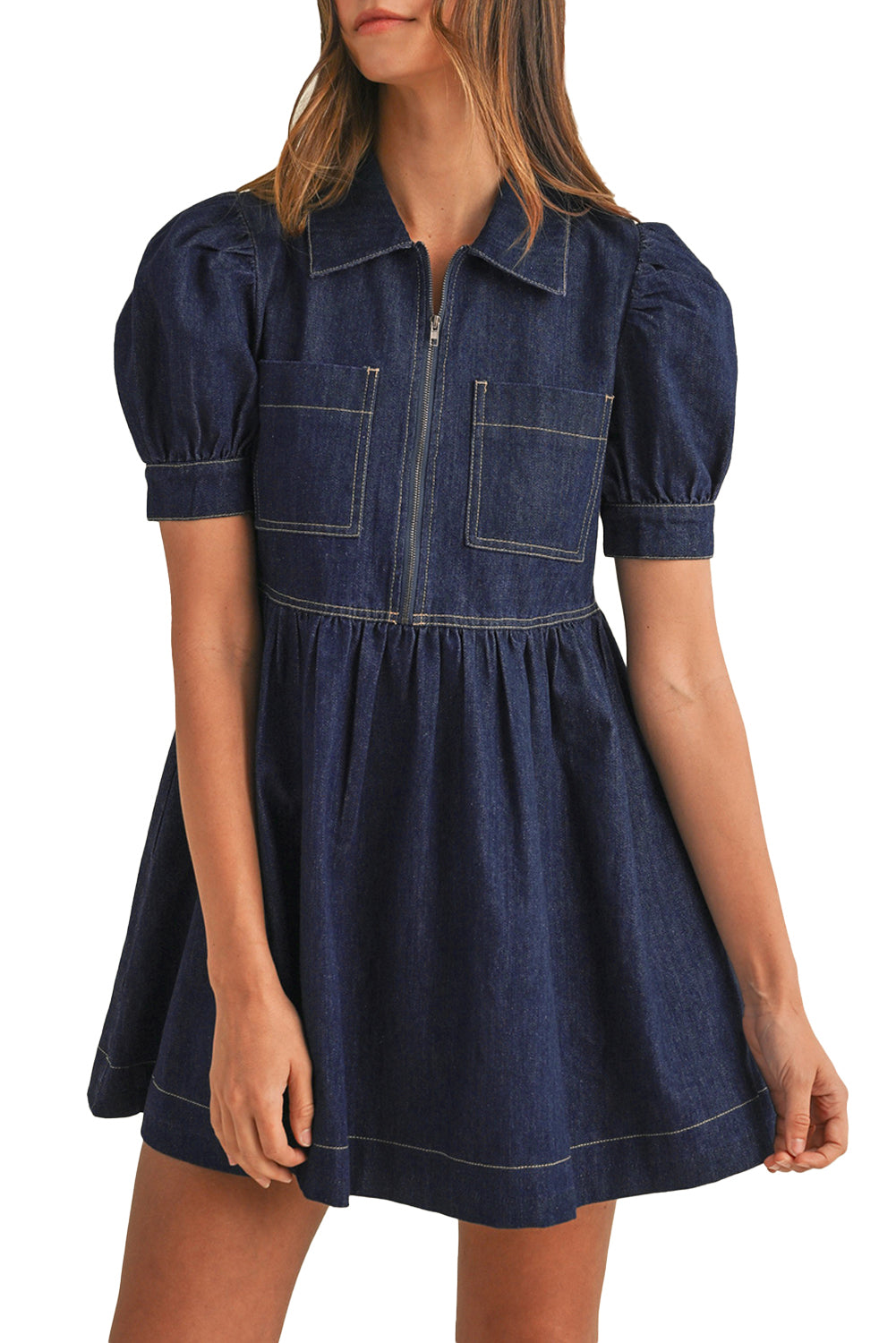 denim flowy dress Dirty Blue Puff Sleeve Half Zipper Denim Flowy Dress – The Rusted Nail Boutique