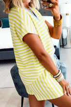 Red Stripe Colorblock Trim V Neck Tee Drawstring Elastic Waist Short Set