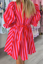 Red Stripe Half Button Puff Sleeve Loose Mini Dress