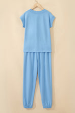 Beau Blue Solid Color V Neck Tee Drawstring Pant Set