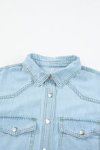 Mist Blue Light Wash Flap Pockets Rounded Hem Denim Blouse