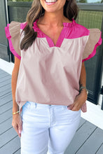 Mist Blue Colorblock Ruffled Sleeve Frill V Neck Blouse