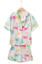 White Bowknot Print Buttoned Shirt and Shorts Pajama Set