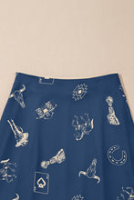 Navy Blue Western Print Satin Long Skirt