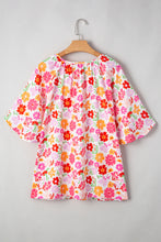 White Floral Print Split V Neck Flounce Sleeve Plus Size Blouse