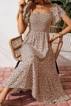 Beige Ditsy Floral Print Smocked Square Neck Ruffle Short Sleeve Dress