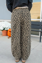 Khaki Leopard Print Drawstring Elastic Waist Loose Denim Pants with Pockets