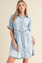 Blue Mineral Washed Ruffled Short Sleeve Pocketed Denim Dress