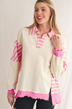 Pink Stripe Colorblock Collared French Terry Top