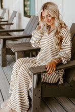 Khaki Stripe Textured Collared Pullover Top and Drawstring Pants Set