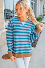 Sky Blue Stripe Contrast Color Ribbed Trim Round Neck Drop Shoulder Sweatshirt
