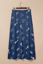 Navy Blue Western Print Satin Long Skirt