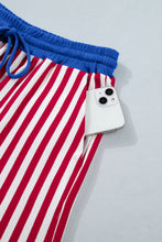 Red Stripe Colorblock Trim V Neck Tee Drawstring Elastic Waist Short Set