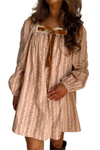 Khaki Velvet Bow Front Floral Print Long Sleeve Short Dress