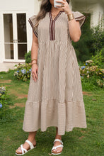 Black Stripe Plus Size Slit V Neck Tiered Flutter Sleeve Maxi Dress