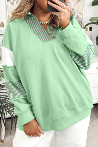 Moonlight Jade Colorblock Striped Patchwork Collar V Neck Plus Size Sweatshirt