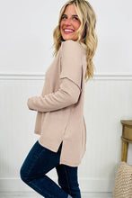 Parchment Twisted Rib Exposed Seam Detail Long Sleeve Loose Top