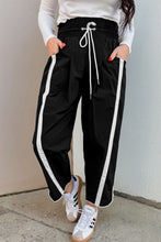Dark Blue Contrast Striped Smocked Waist Drawstring Cropped Casual Pants