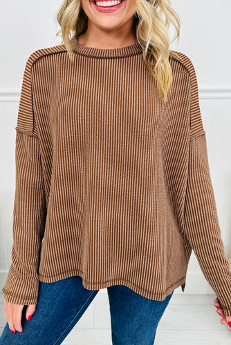 Dark Khaki Twisted Rib Exposed Seam Detail Long Sleeve Loose Top