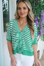 Sky Blue Stripe Short Sleeve Knit V Neck Bow Knot Sweater