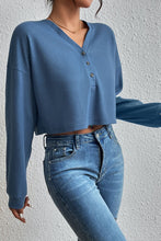 Cropped V-Neck Raglan Sleeve Buttoned Blouse