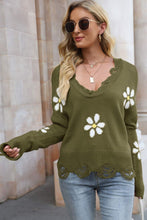 Flower Distressed Ribbed Trim Sweater