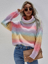 Rainbow Rib-Knit Turtleneck Drop Shoulder Sweater