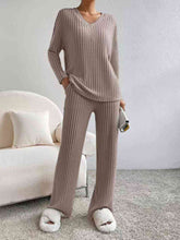 Ribbed V-Neck Long Sleeve Top and Pants Set